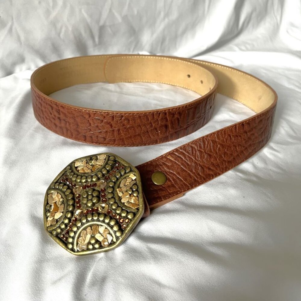 Leatherock Size Large Brown Leather Belt Rhinestone Buckle